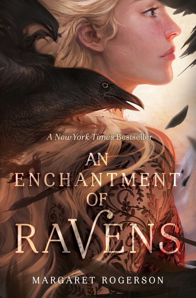 Book cover of An Enchantment of Ravens. A young girl with blonde hair and freckles faces to the right. She is wearing a black lace shirt. There is a raven flying in the foreground and feathers in the background. 