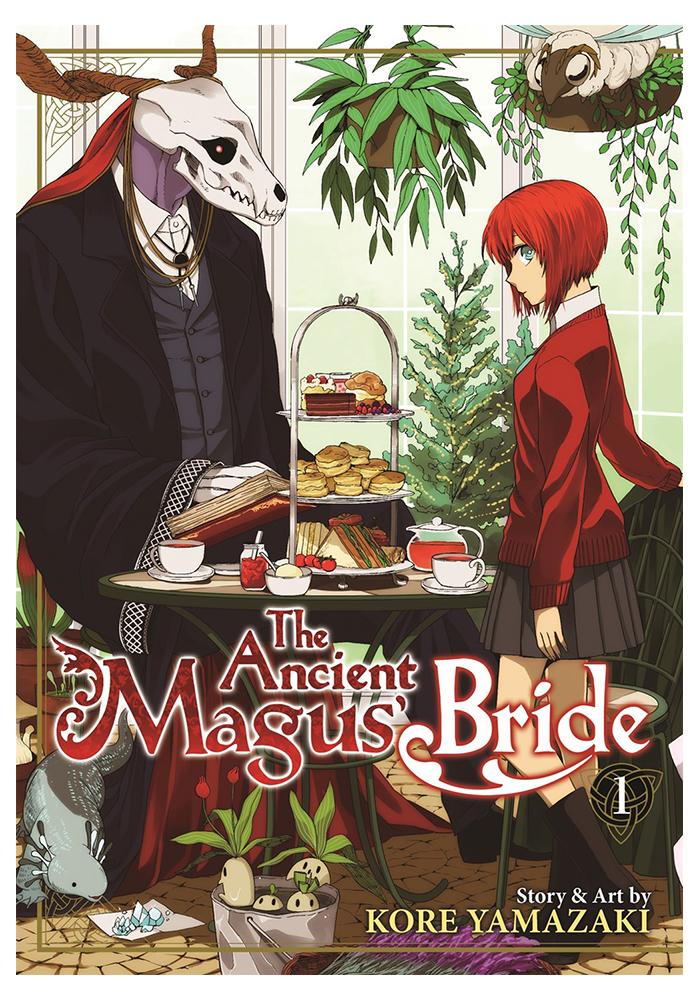 Book Cover of The Ancient Magus' Bride Volume 1. A girl with a red bob, a red sweater, and a black skirt stands holding out a chair at a table. The table has cakes, cookies, and tea on it. A figure stands across the table from her who has an animal skull head and horns; he wears a black suit and jewelry and has an open book in his hands. They are in a greenhouse and hanging plants surround the. There is a grey axolotl on the floor. 